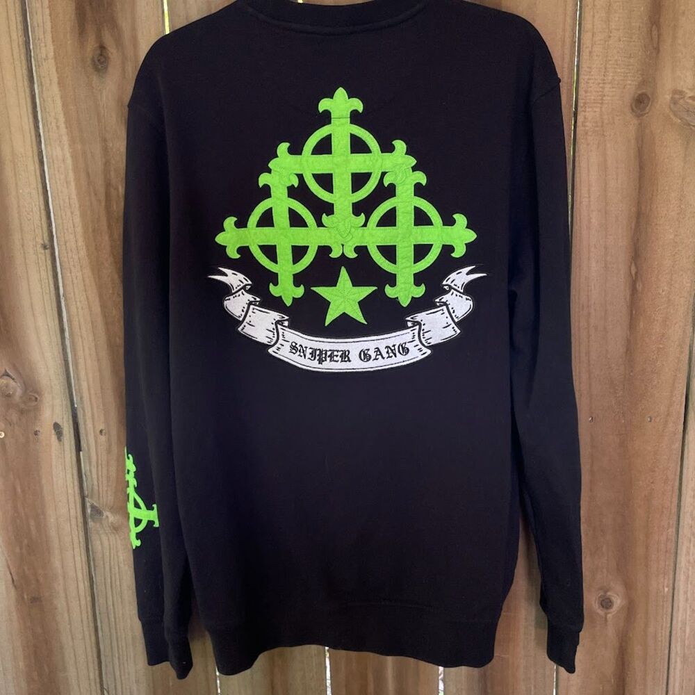 Kodak Black SNIPER GANG SWEATSHIRT Tattoo Banner Logo Green Cross Applique L
